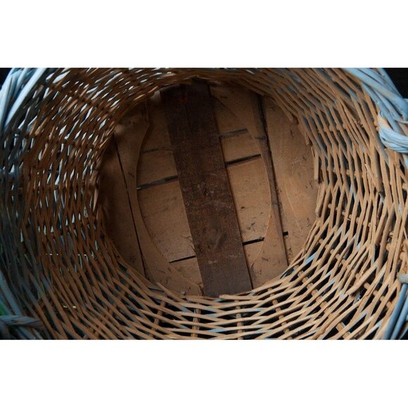 Vintage Carboy Demijohn Green Glass Wine Bottle In Blue Wicker Basket With Straw - Picture 4 of 6